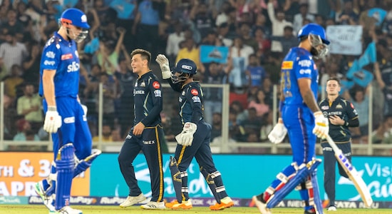 After Rashid Khan, it was turn of his compatriot Noor Ahmad to shine. Like Rashid, Noor too picked two wickets in one over as he sent back Cameron Green and Tim David in the space of two deliveries. The wickets of Green and David meant that Mumbai Indians were left reeling at 59/5. 