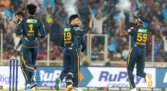 Problems mounted for Mumbai Indians when Gujarat Titans leg spinner Rashid Khan picked the wickets of Ishan Kishan and Tilak Varma in the same over. Mumbai Indians were left struggling at 45/3. 